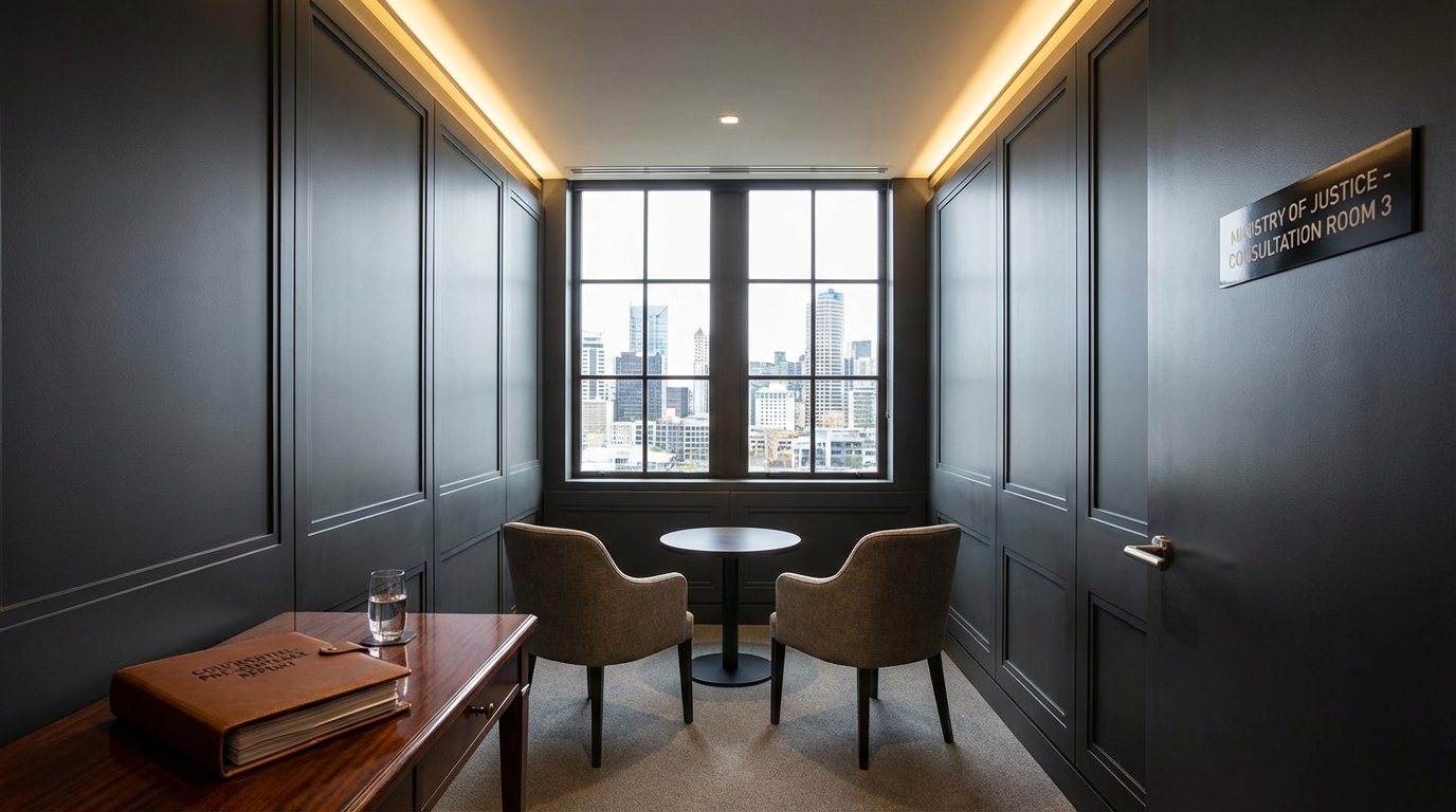 Courtroom corridor representing the justice system