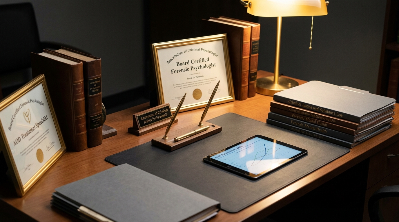 Criminal justice workspace with assessment materials